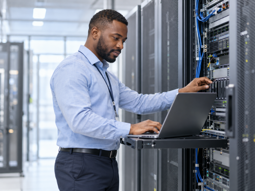IT engineer using a laptop and checking server equipment in a data centre